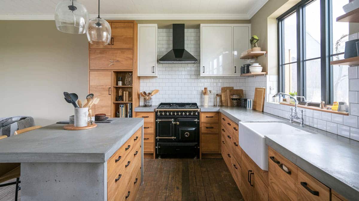 Contemporary kitchen with smooth concrete countertops and veneer cabinets with black hardware