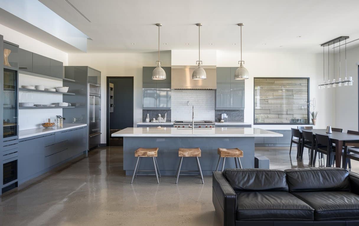 Attractive kitchen with concrete flooring and gunmetal gray cabinetry with quartz white countertops and pewter pendants