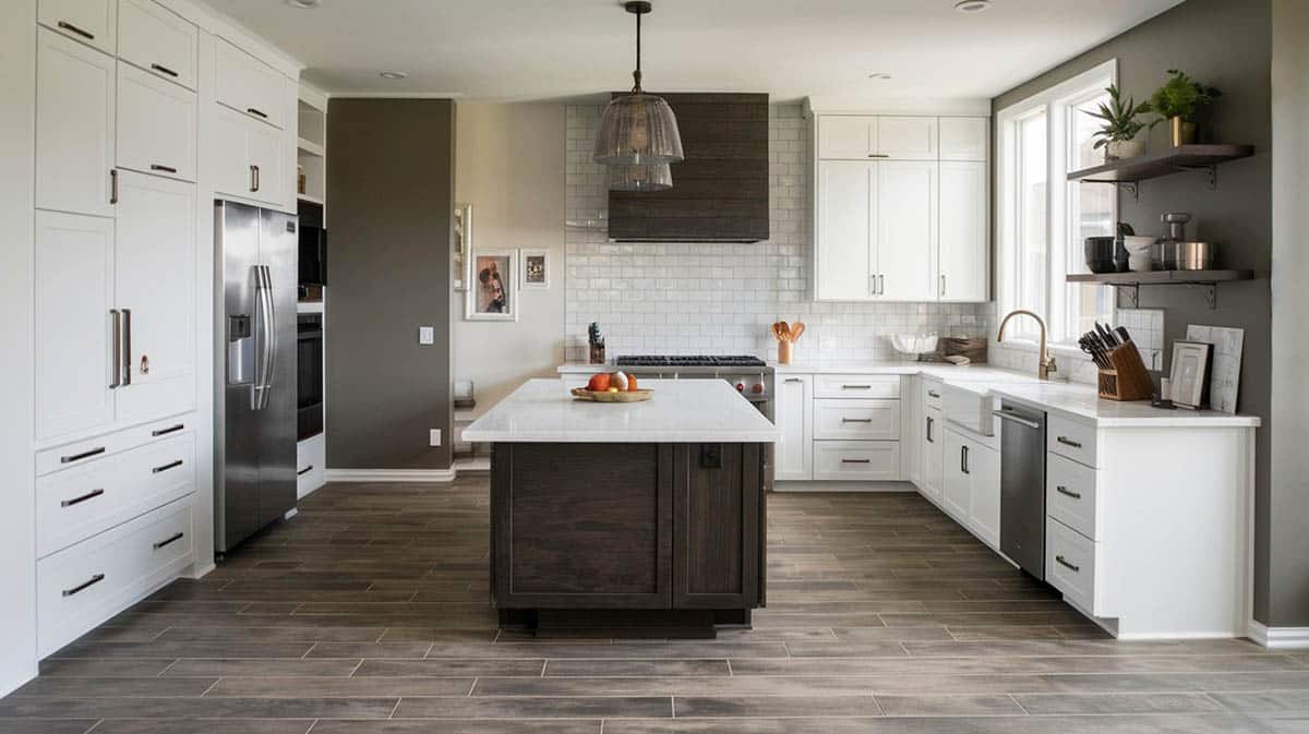 Gray hardwood flooring with light gray paint kitchen