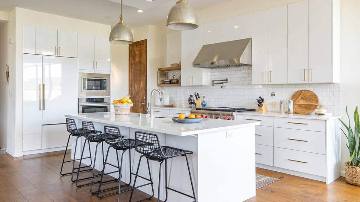 Modern kitchen with flat panel glossy white cabinets and gold hardware