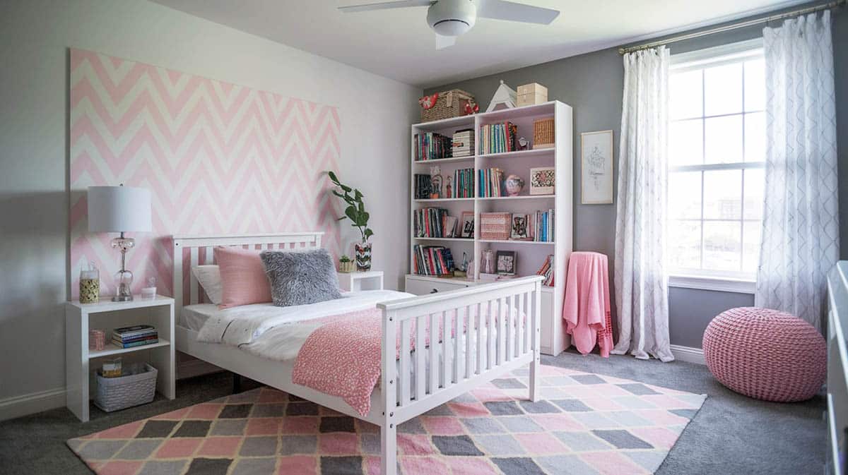 Teenager bedroom with white bed and patterned accent wall