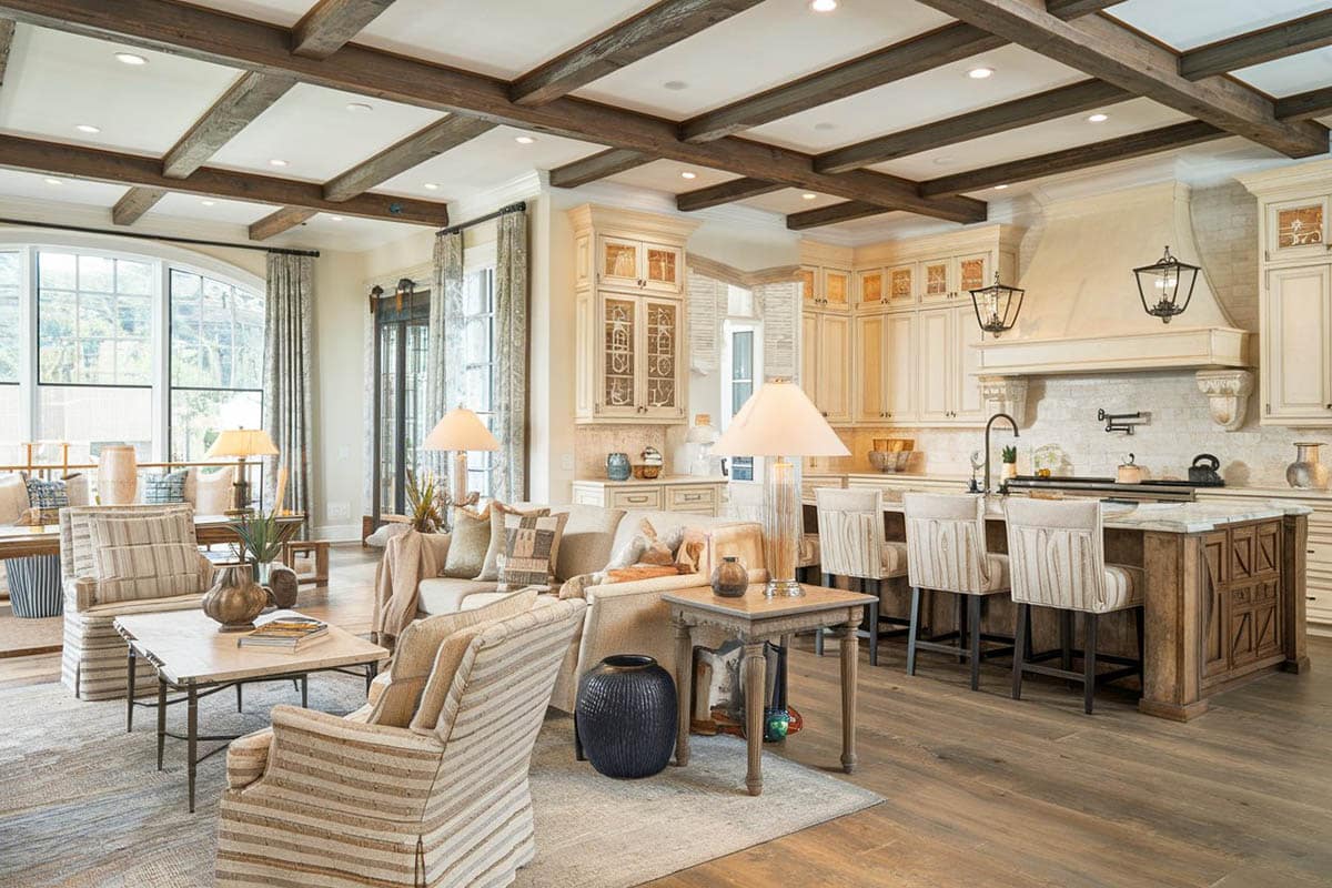 Craftsman kitchen with exposed wood beams and engineered oak floors