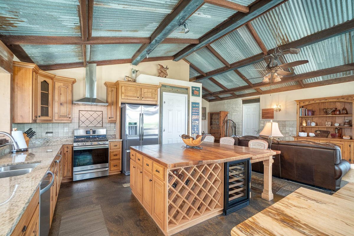 Cathedral ceiling kitchen with beam