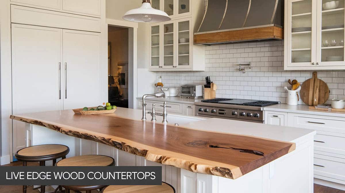 Kitchen with wood countertop island with unfinished edge