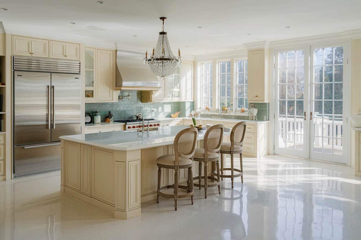 Cream-toned kitchen with stainless steel appliances and large-cut porcelain floor tiles