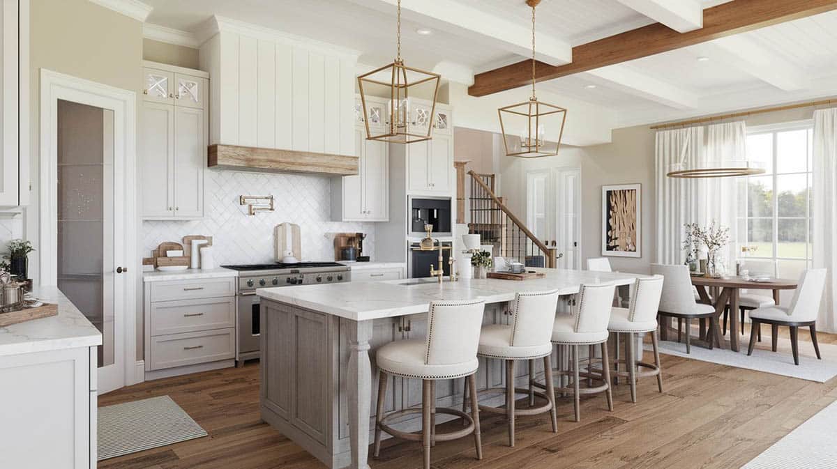 Modern farmhouse kitchen with calacatta countertops large island and bar stools