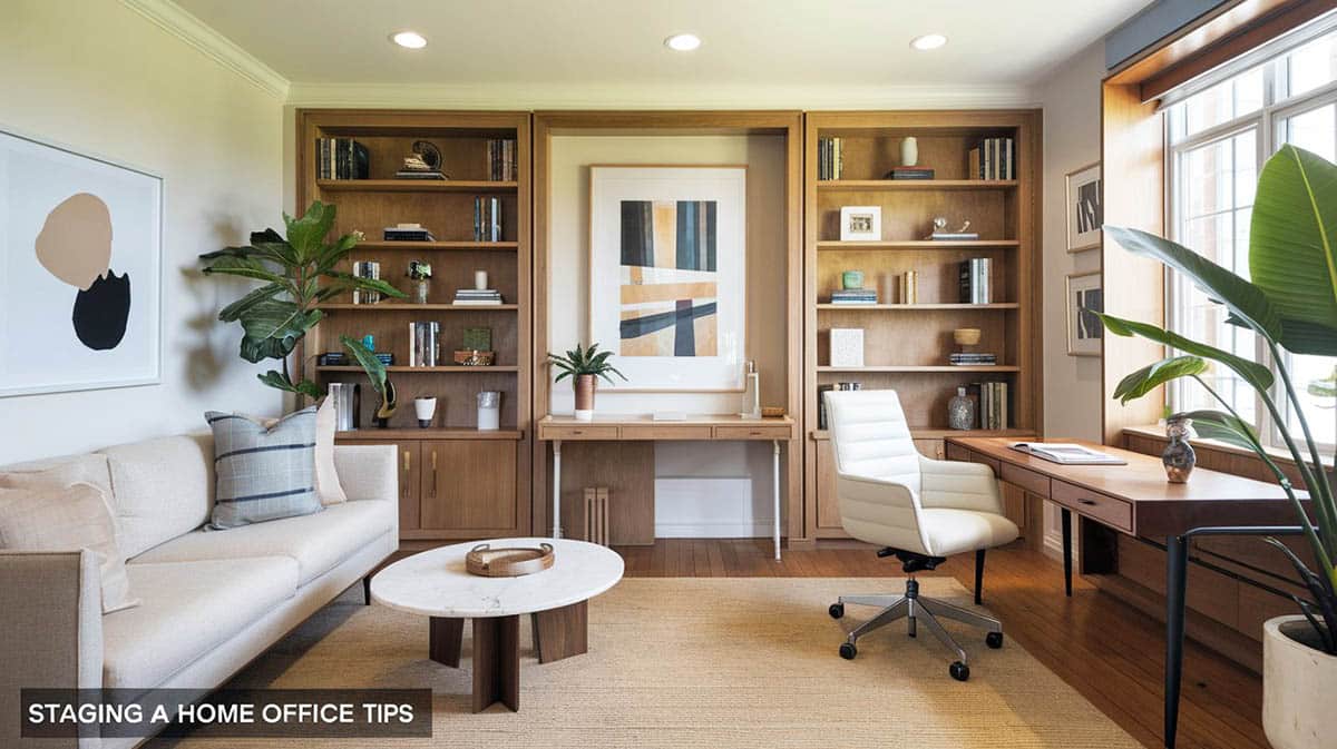 Modern office at home with couch and built-ins