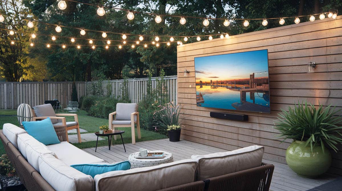 Stylish deck with large outdoor tv and wood accent wall