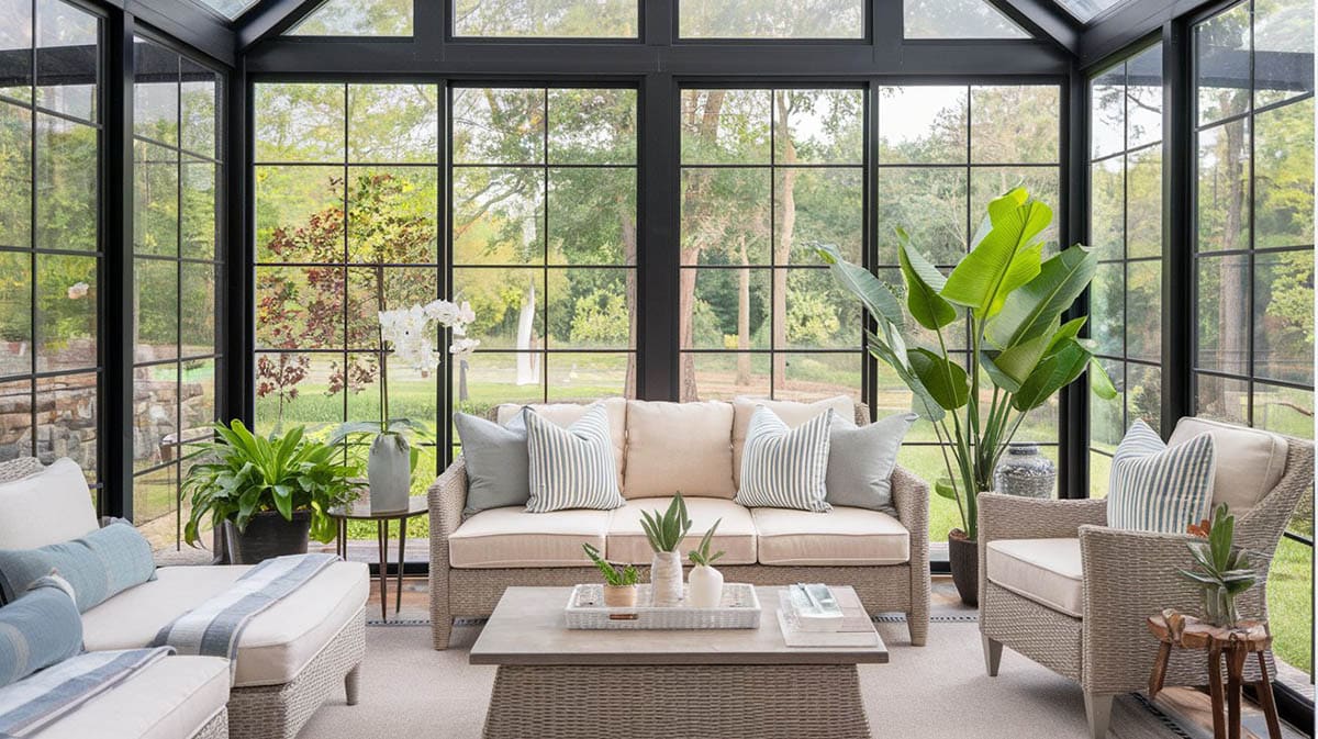 Stylish four season sunroom with dark framed windows