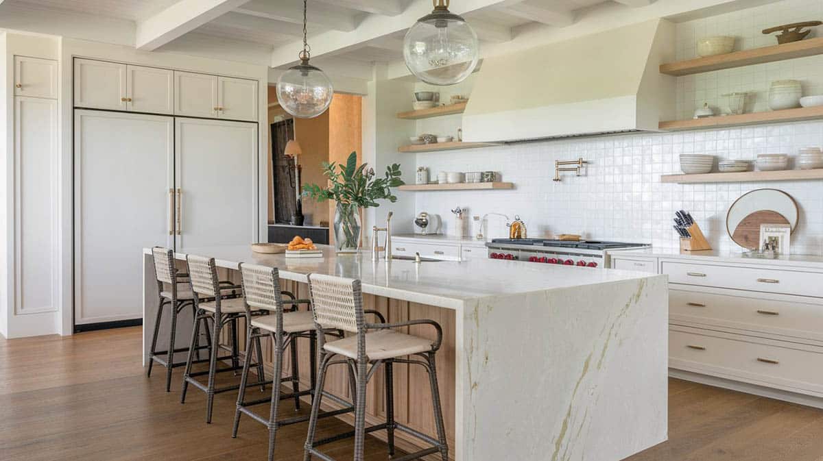 Stylish kitchen with Calacatta island, bar stools and globe pendant lights