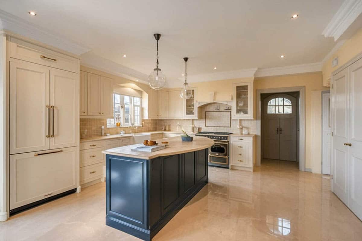 Kitchen with Calacatta gold marble, cream cornices and off white flooring
