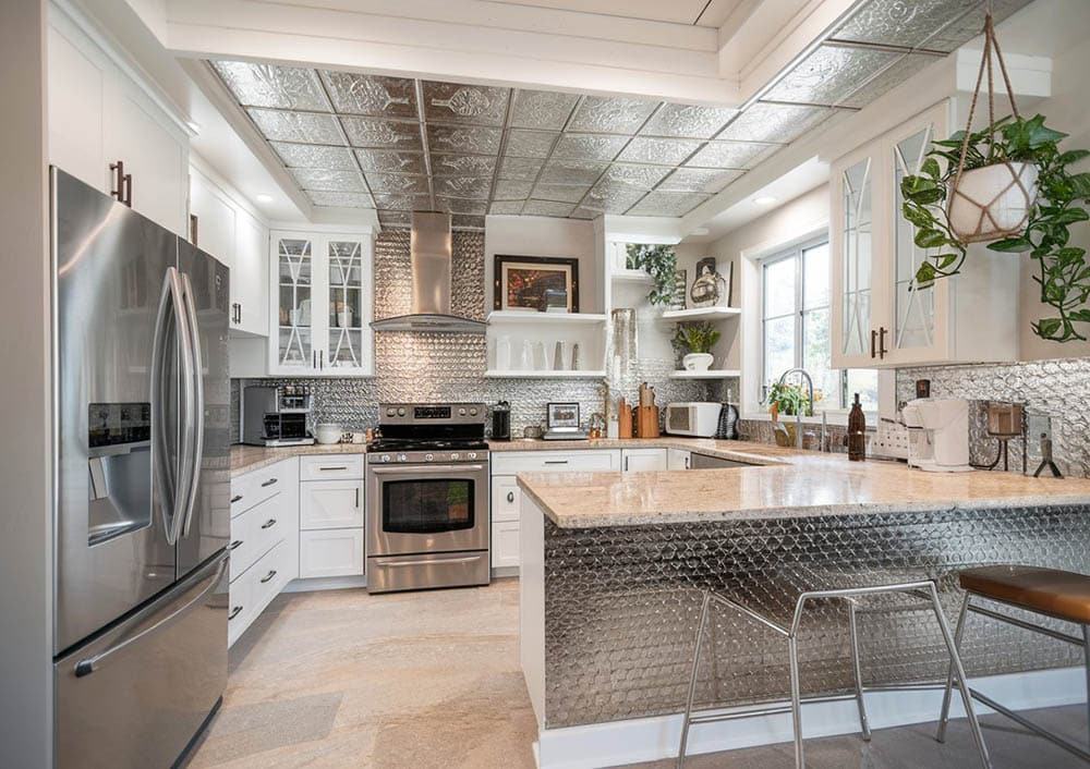 Traditional kitchen with tin ceiling and peninsula