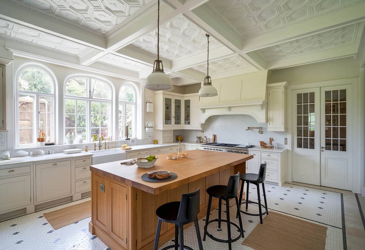white tin ceiling kitchen with green island