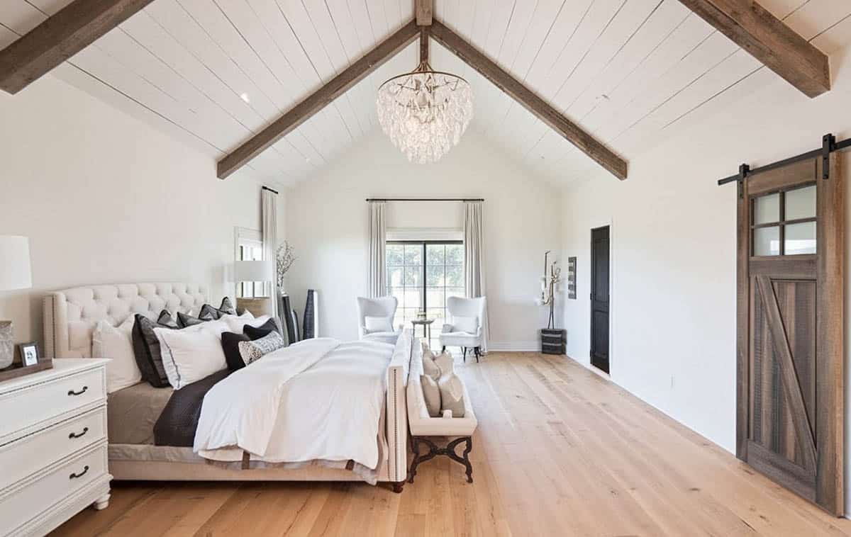 Modern farmhouse bedroom with shiplap cathedral style ceiling and wood beams flooring