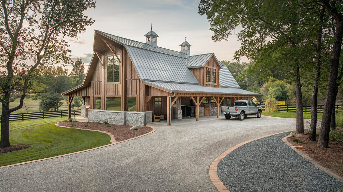 Barndominium house with long driveway