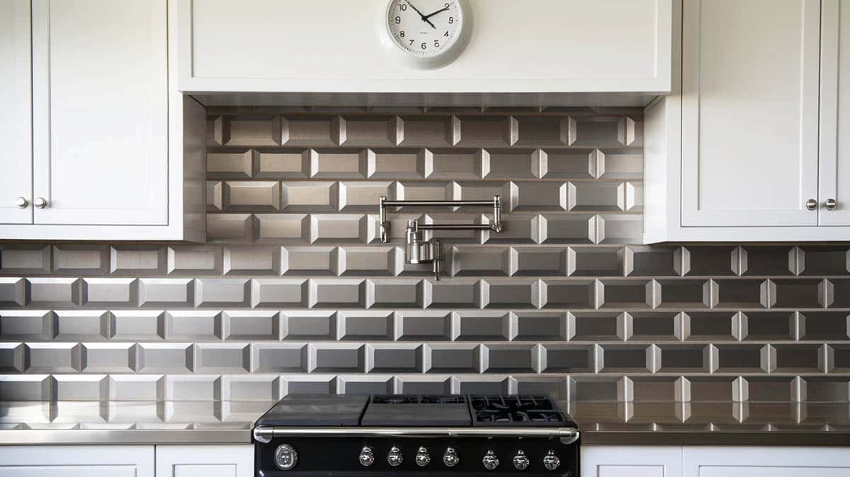 metal subway tile backsplash with bevel edge in kitchen