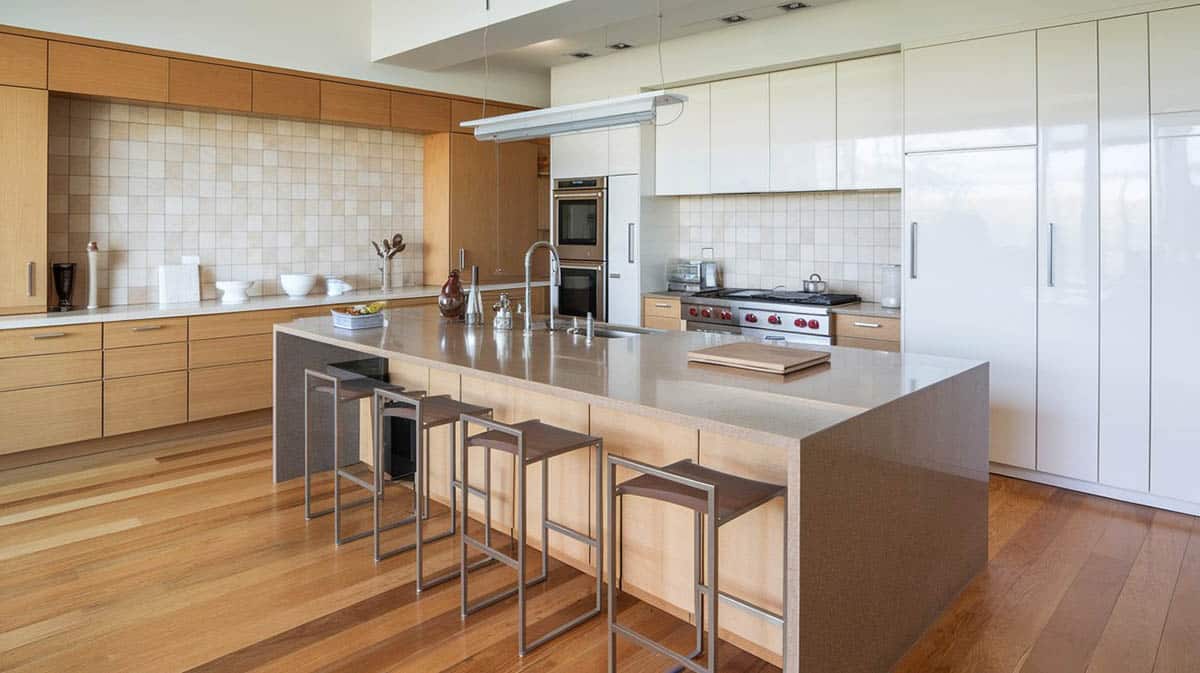 Modern kitchen with solid wood flooring