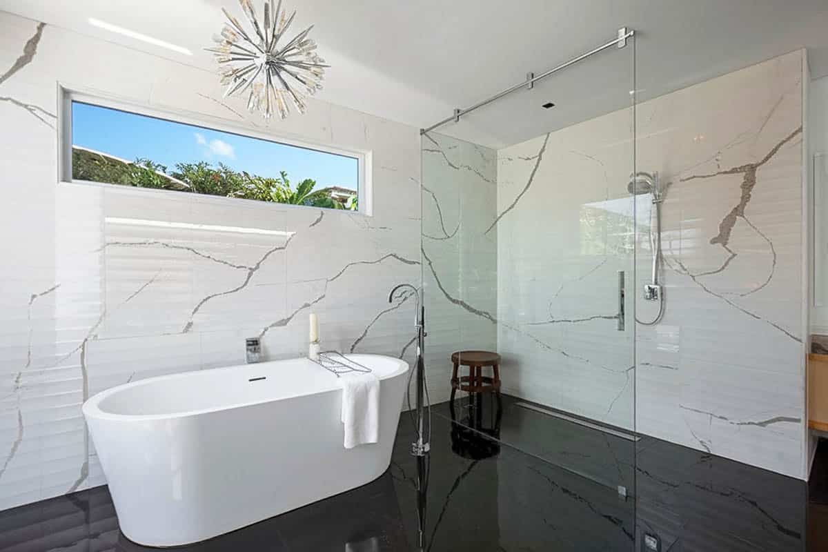 Doorless shower with wooden stool and ceiling lights