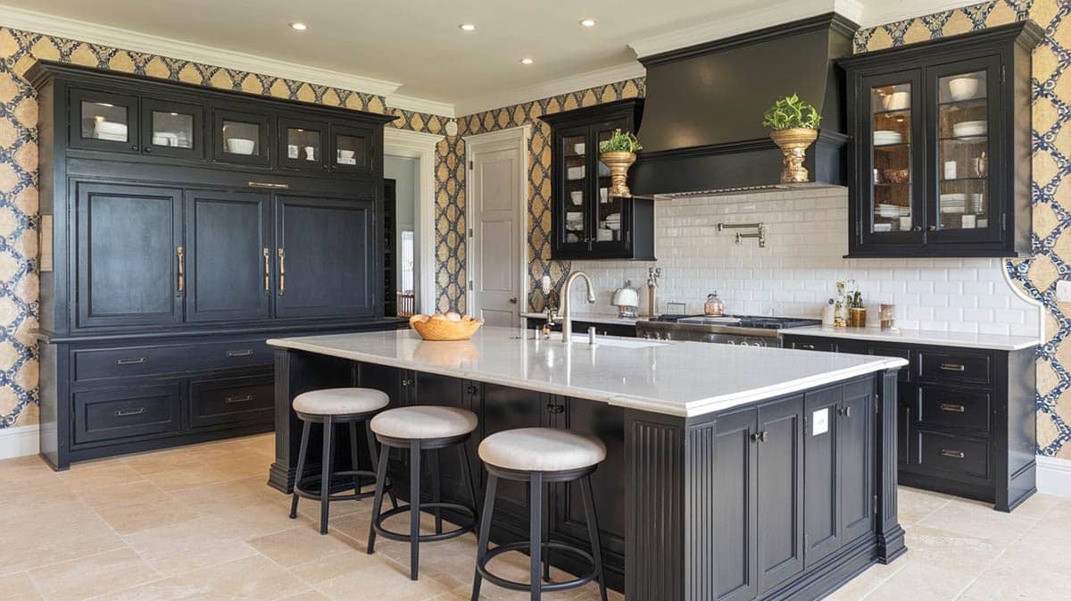 Stylish kitchen with black cabinets and white quartz countertop island