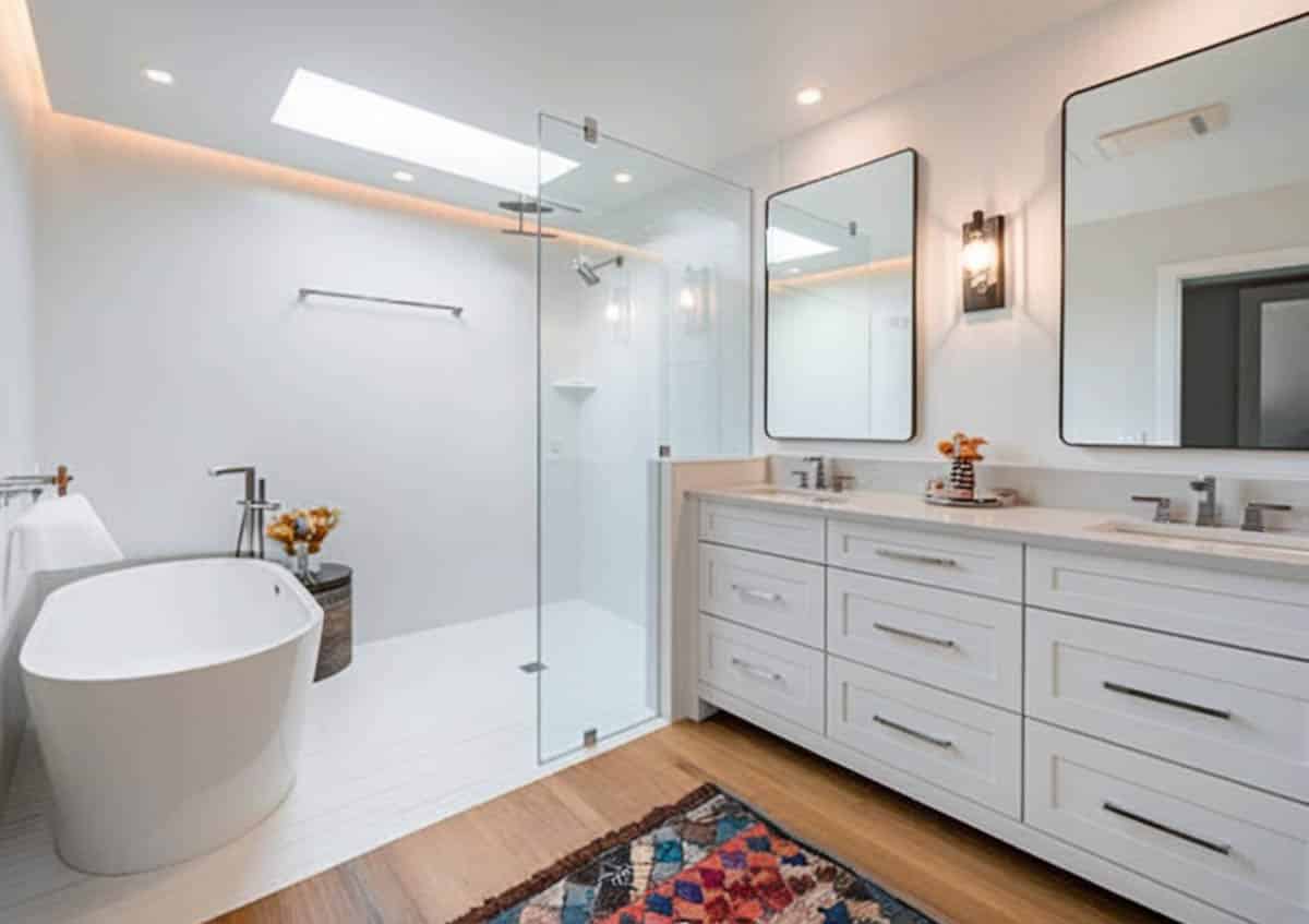 Bathroom with cabinets in antique white finish and skylight