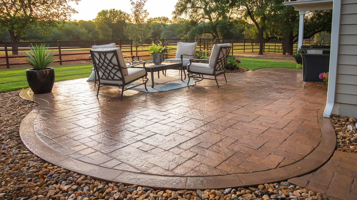 Backyard with outdoor dining on paver look patio