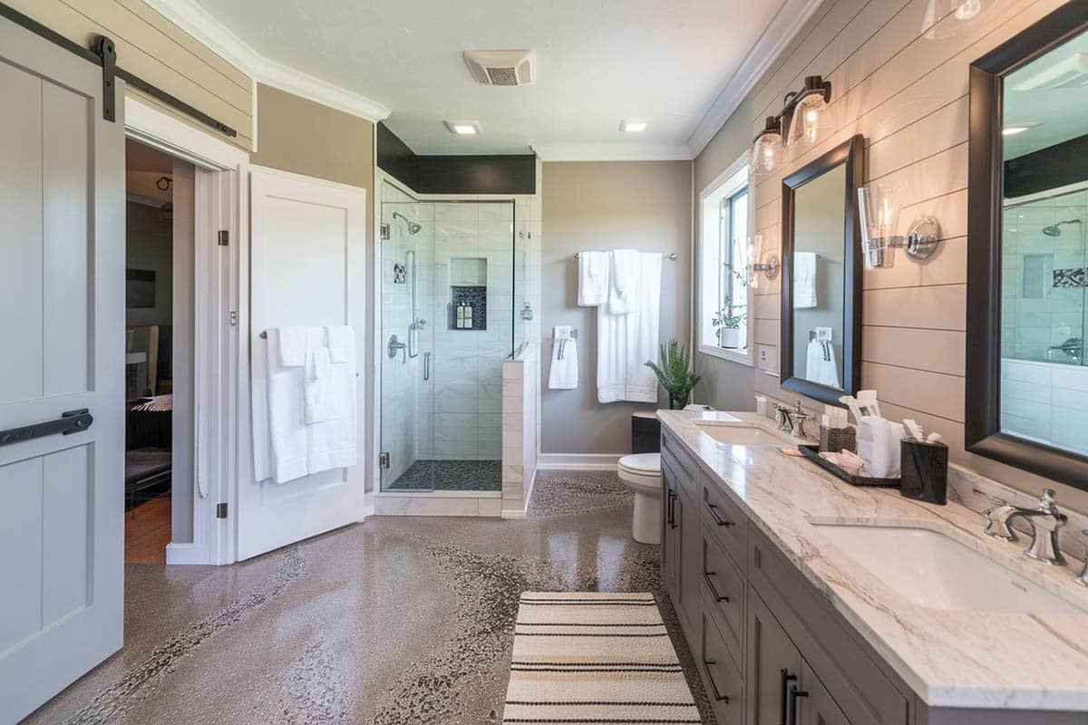 Bathroom with concrete epoxy floor coating