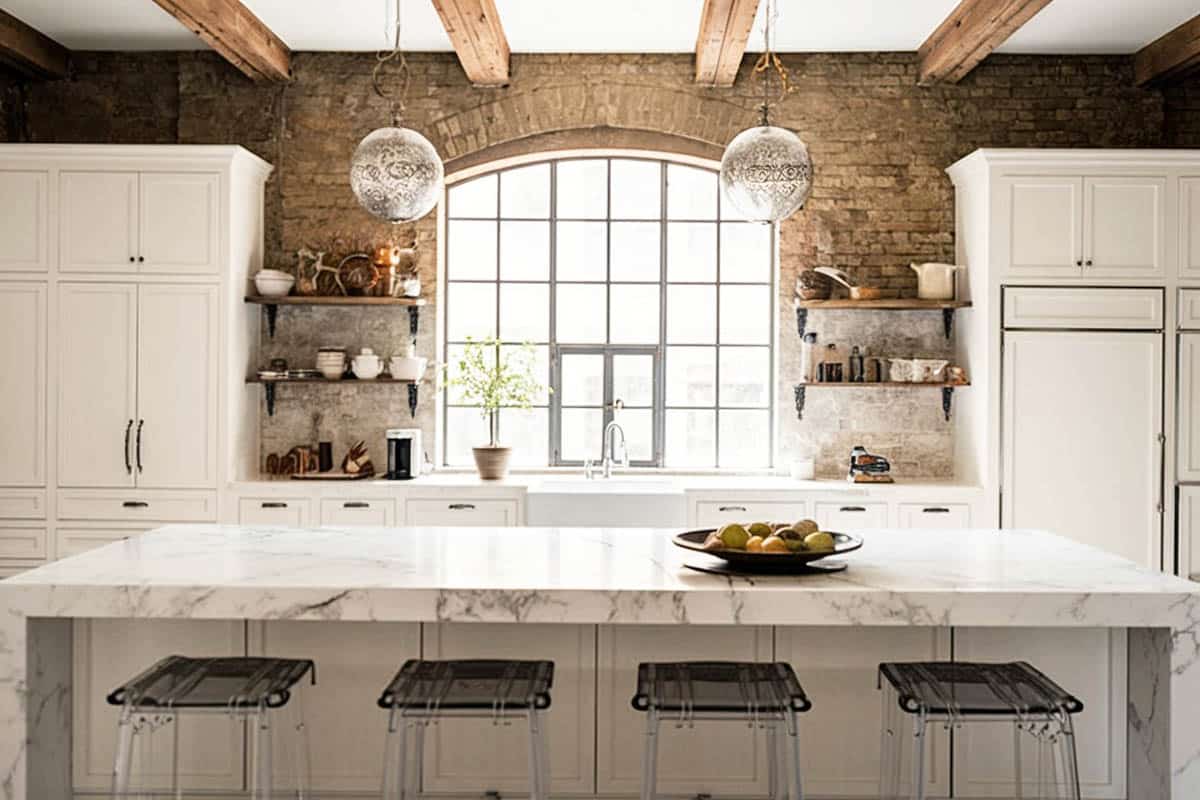 Kitchen with Statuario polished marble countertops