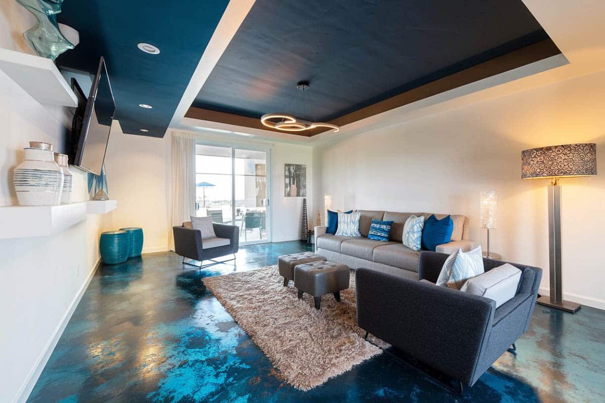 Living room with blue marble epoxy resin floor