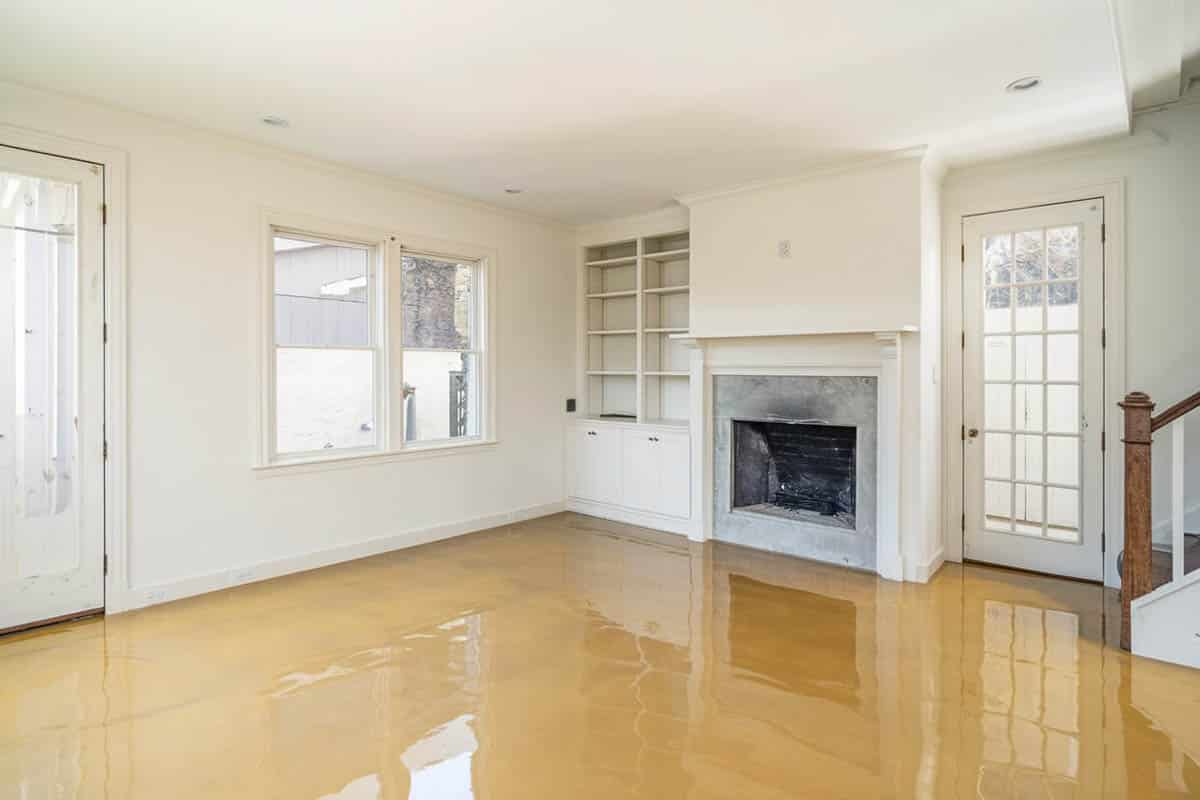 Living room with metallic epoxy floor
