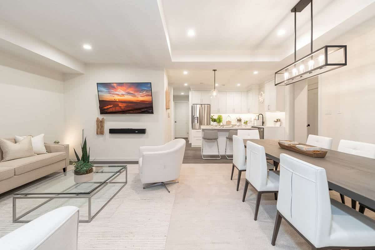 Modern apartment basement with open living seating, kitchen and dining room