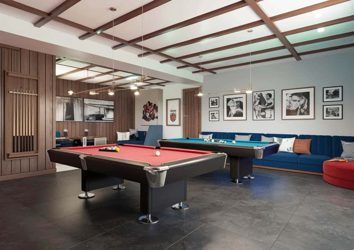 Modern game room with two pool tables