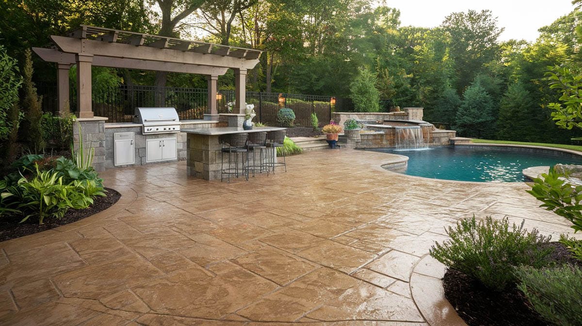 Flagstone pattern concrete surface patio with outdoor kitchen