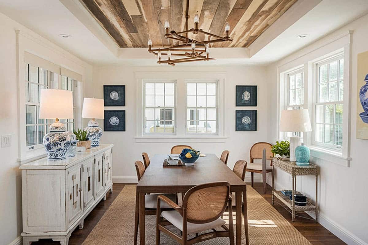 Coastal style room with wooden paneled ceiling, blue lamps and brown rug