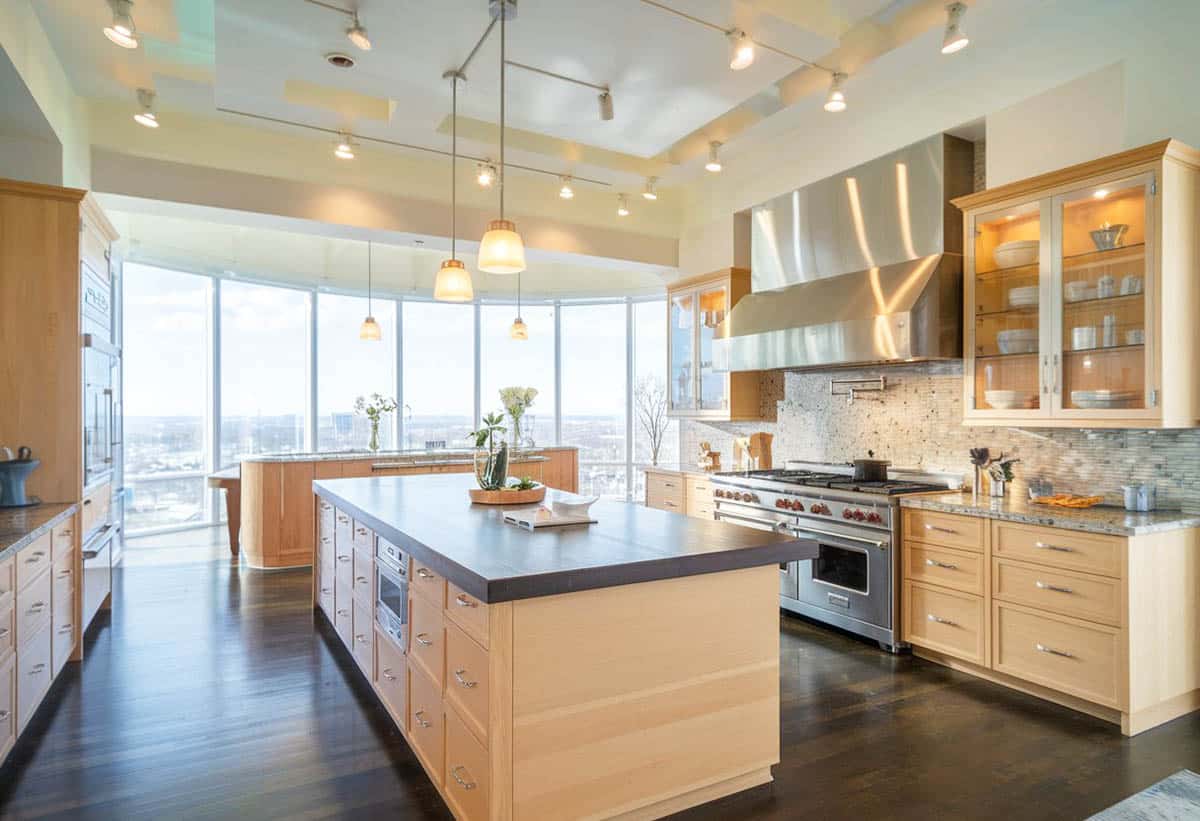 Kitchen with panoramic windows, hardwood floors and maple wood island
