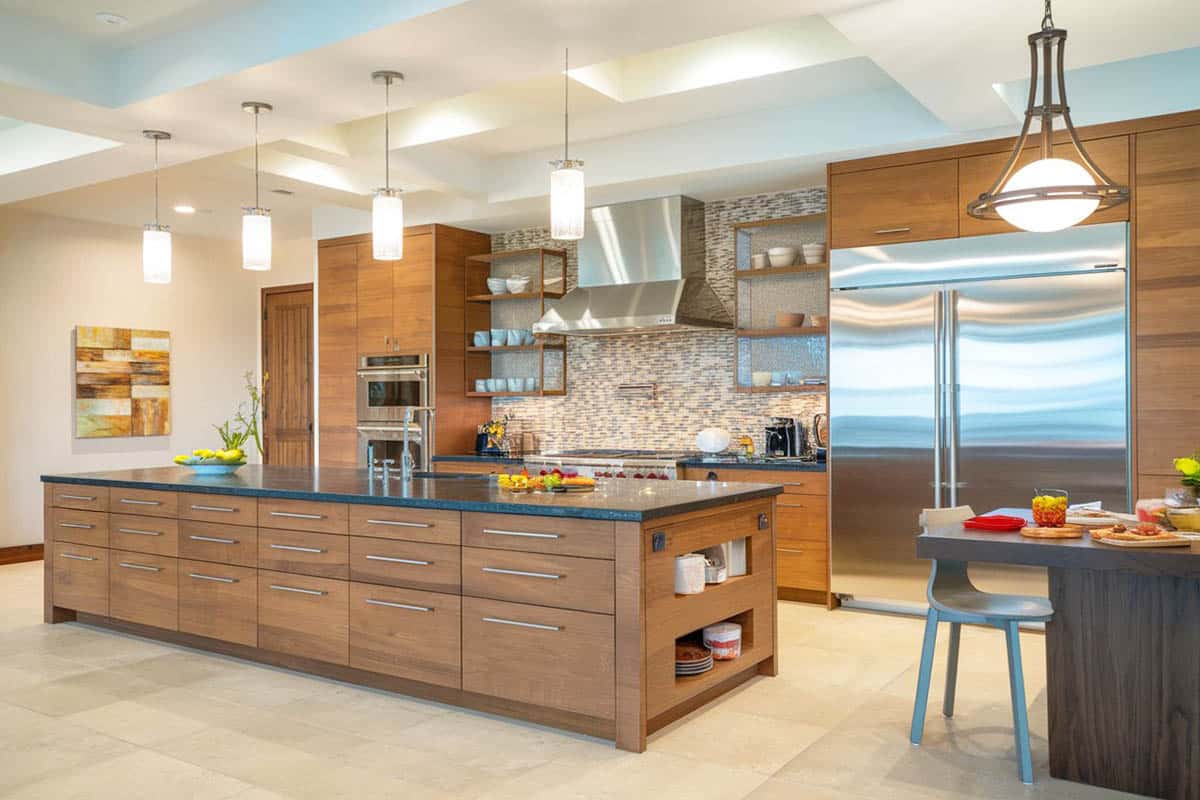 Kitchen with gray slate counters and dual kitchen island