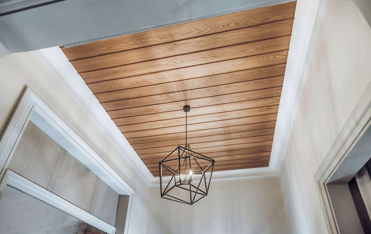 DIY wood ceiling with geometric shaped chandelier
