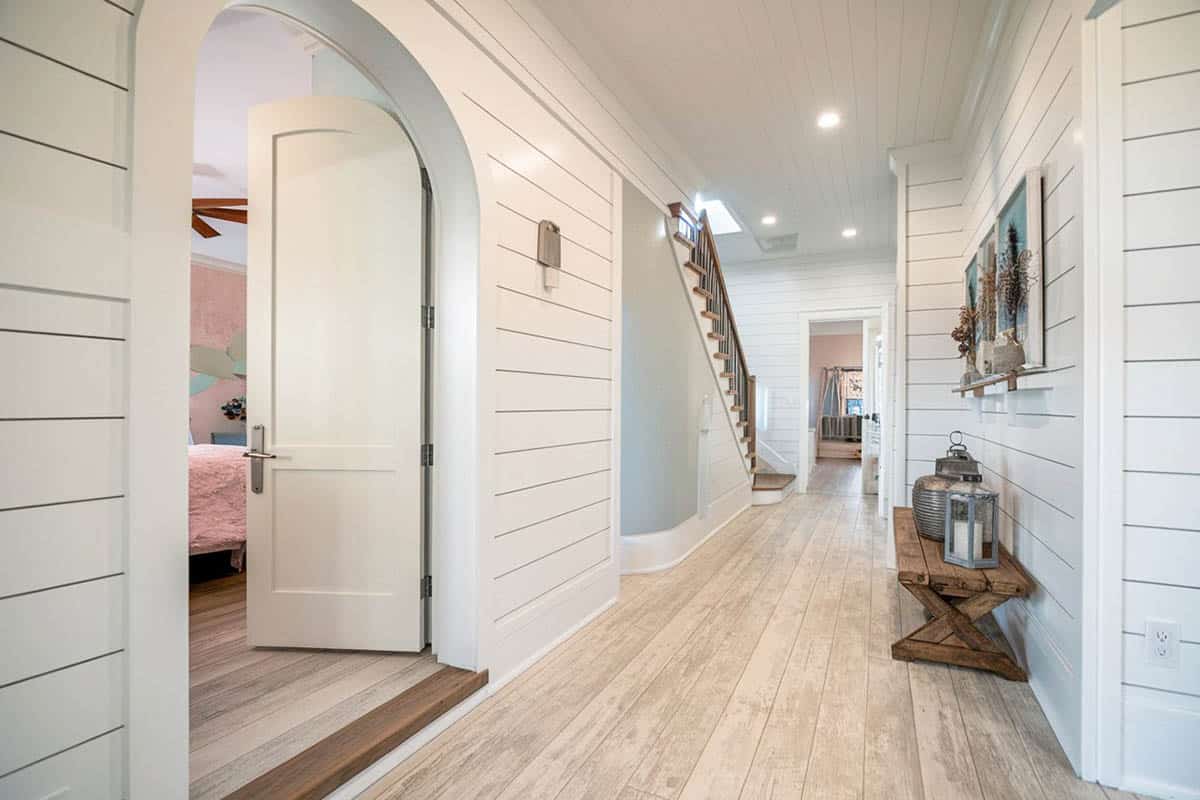Hallway with shiplap for walls and ceiling
