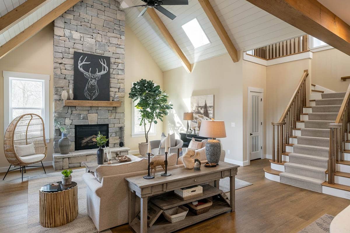 Great room with vaulted ceiling with tongue and groove boards
