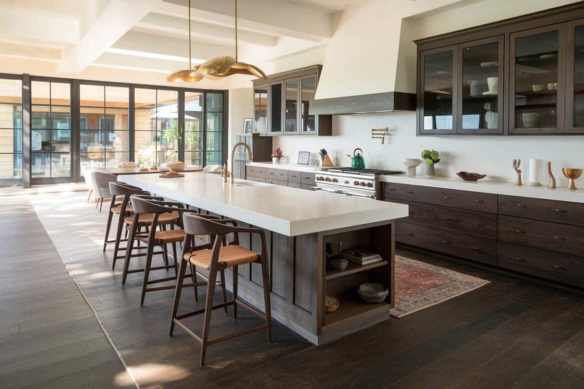 Kitchen with mahogany cabinets and gold plated light fixture