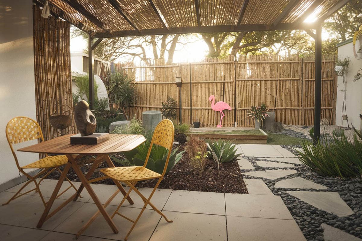 Asian backyard with bamboo fence