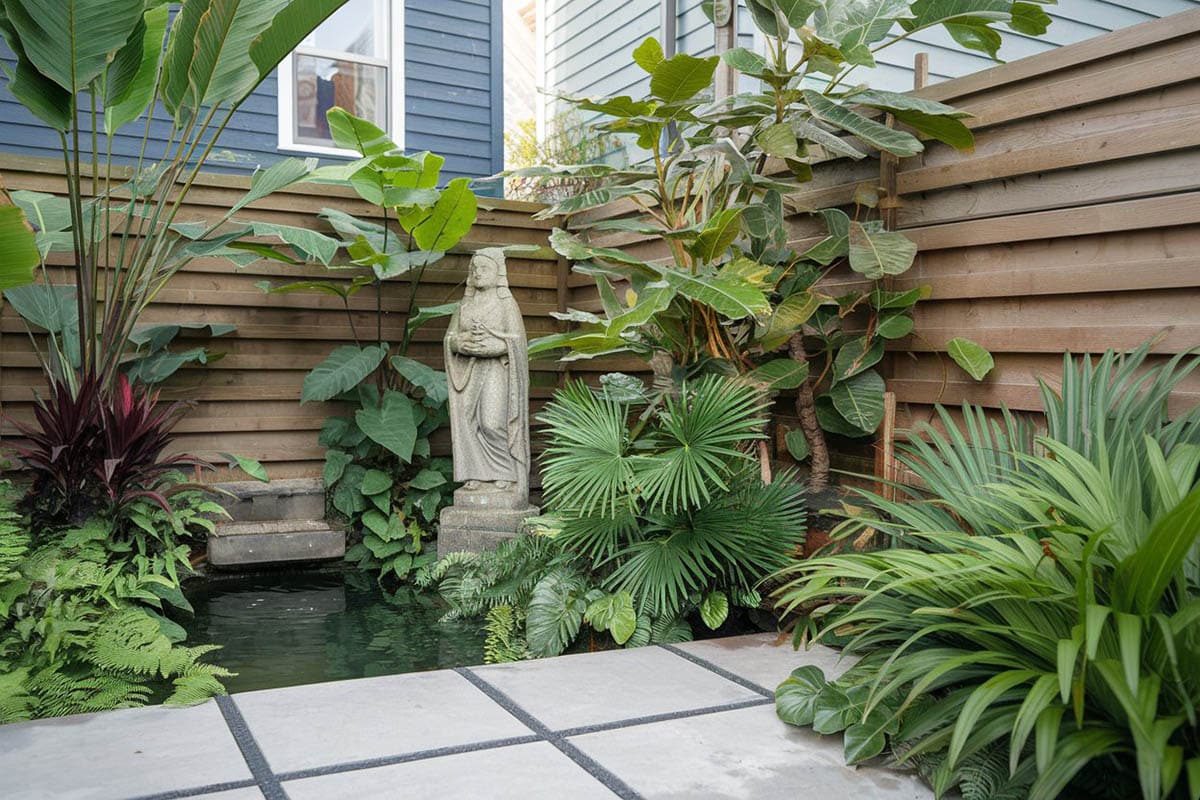 Asian style patio with concrete and horizontal fence