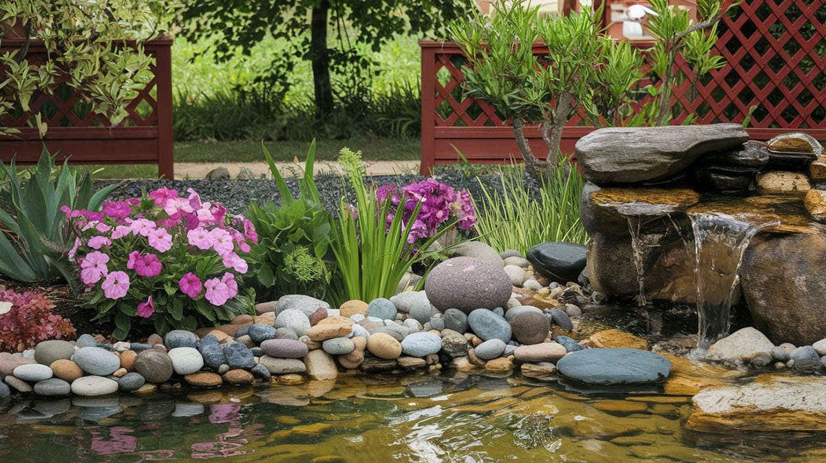 Backyard garden with stacked stone fountain with lattice fence