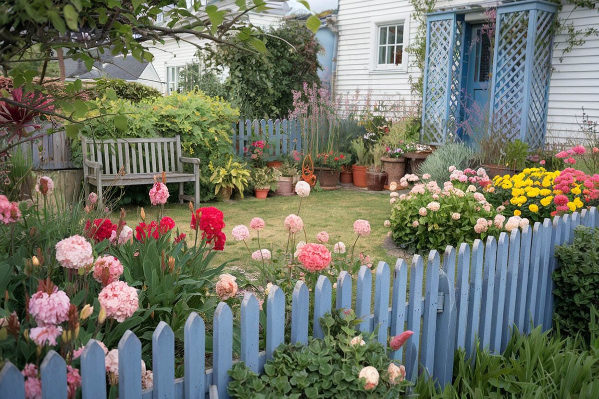 Blue painted picket fencing around garden
