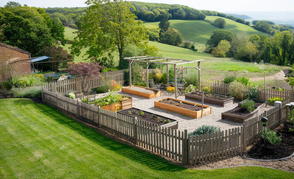 Garden with diy wood gate and fence