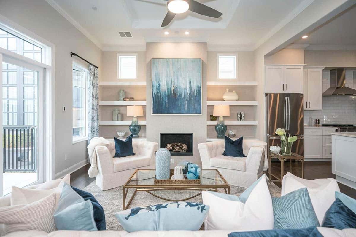 Room with blue accent, wall art and pillows