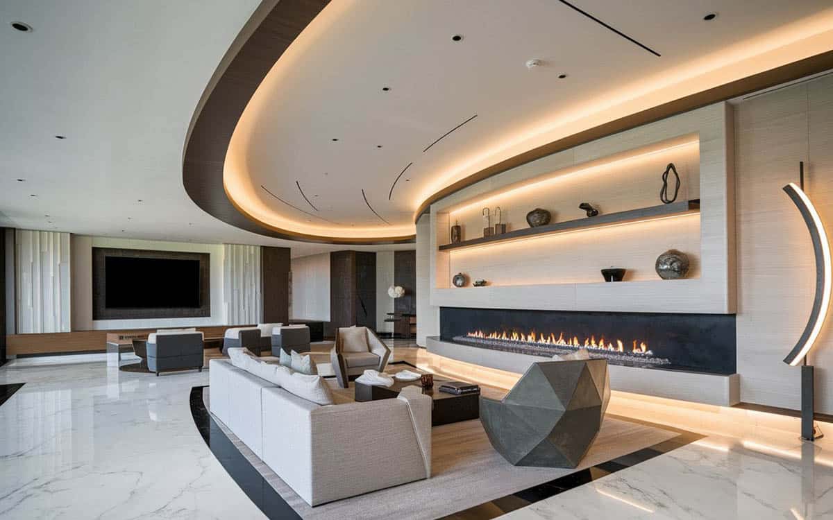 Room with wall niches with back lights, marble flooring and metalic chairs