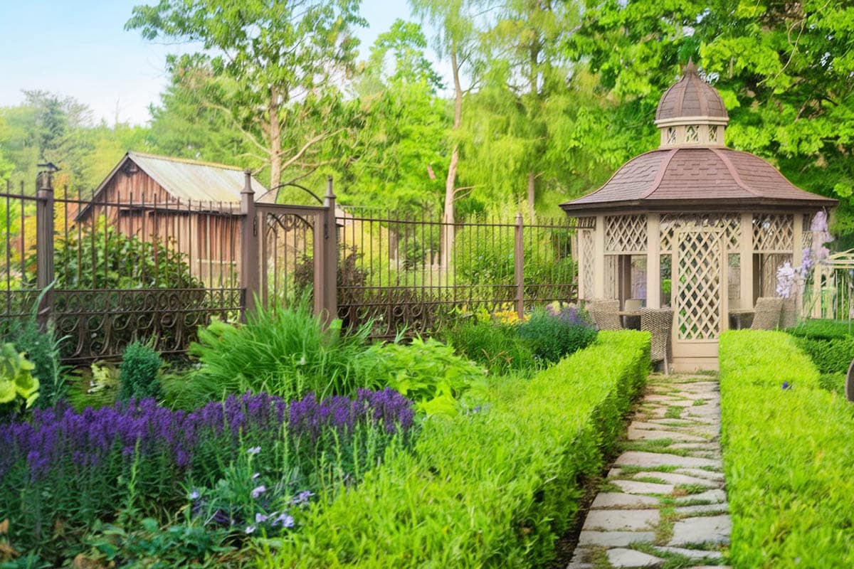Rough stone walkway to gazebo and gate in garden