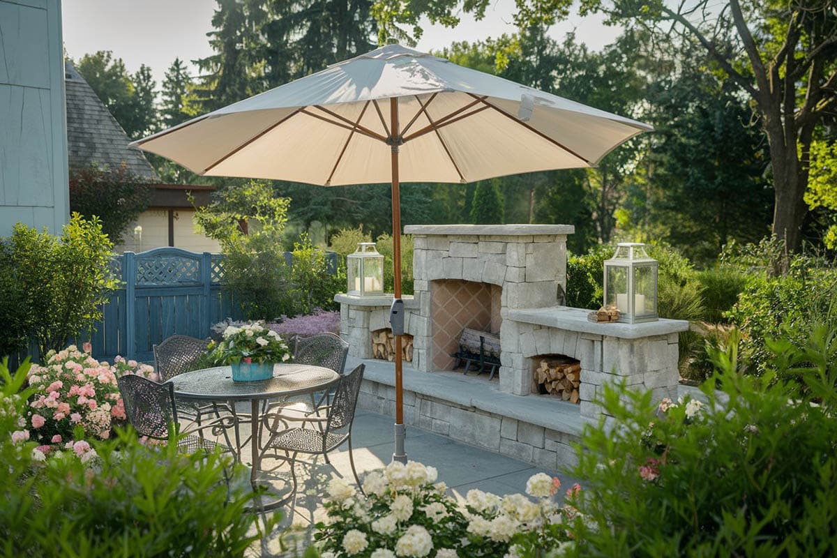 Small blue fence around backyard patio with stone fireplace