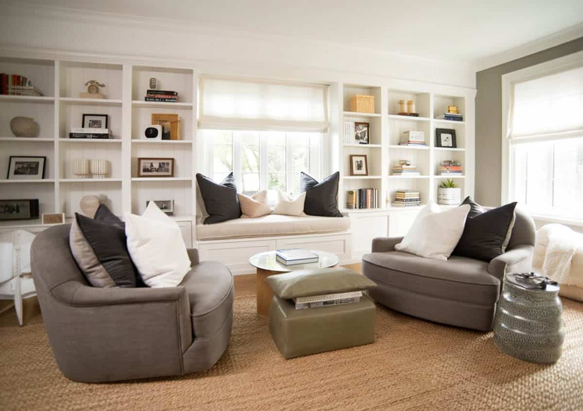 Sofa set with white pillows, side table and window seat with bookshelves