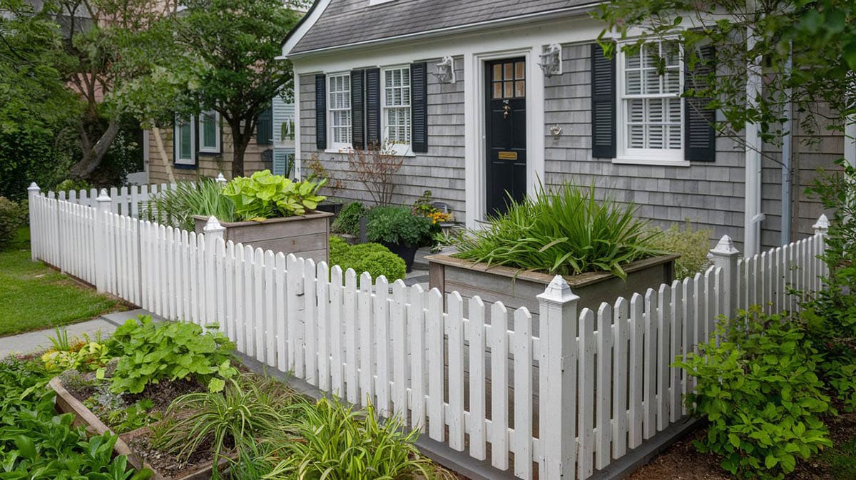 Fence around raised garden beds in front of the house